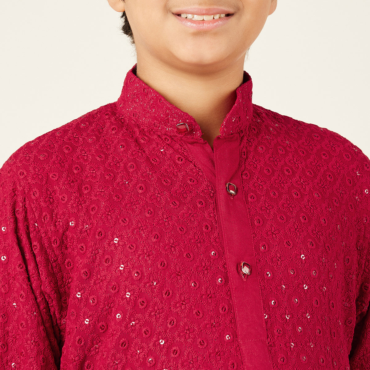 Kids Red Cotton Sequined Chikankari Kurta For Boys