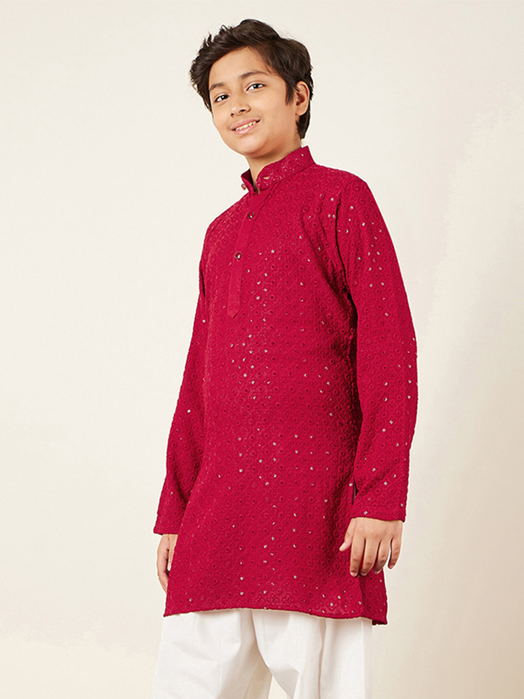 Kids Red Cotton Sequined Chikankari Kurta For Boys