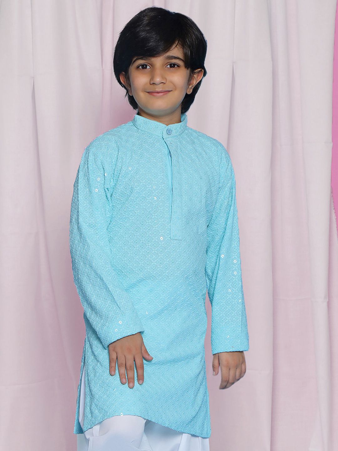 SKY BLUE Schiffli Full sleeves Embroidered Kurta for Boys - AJ Dezines