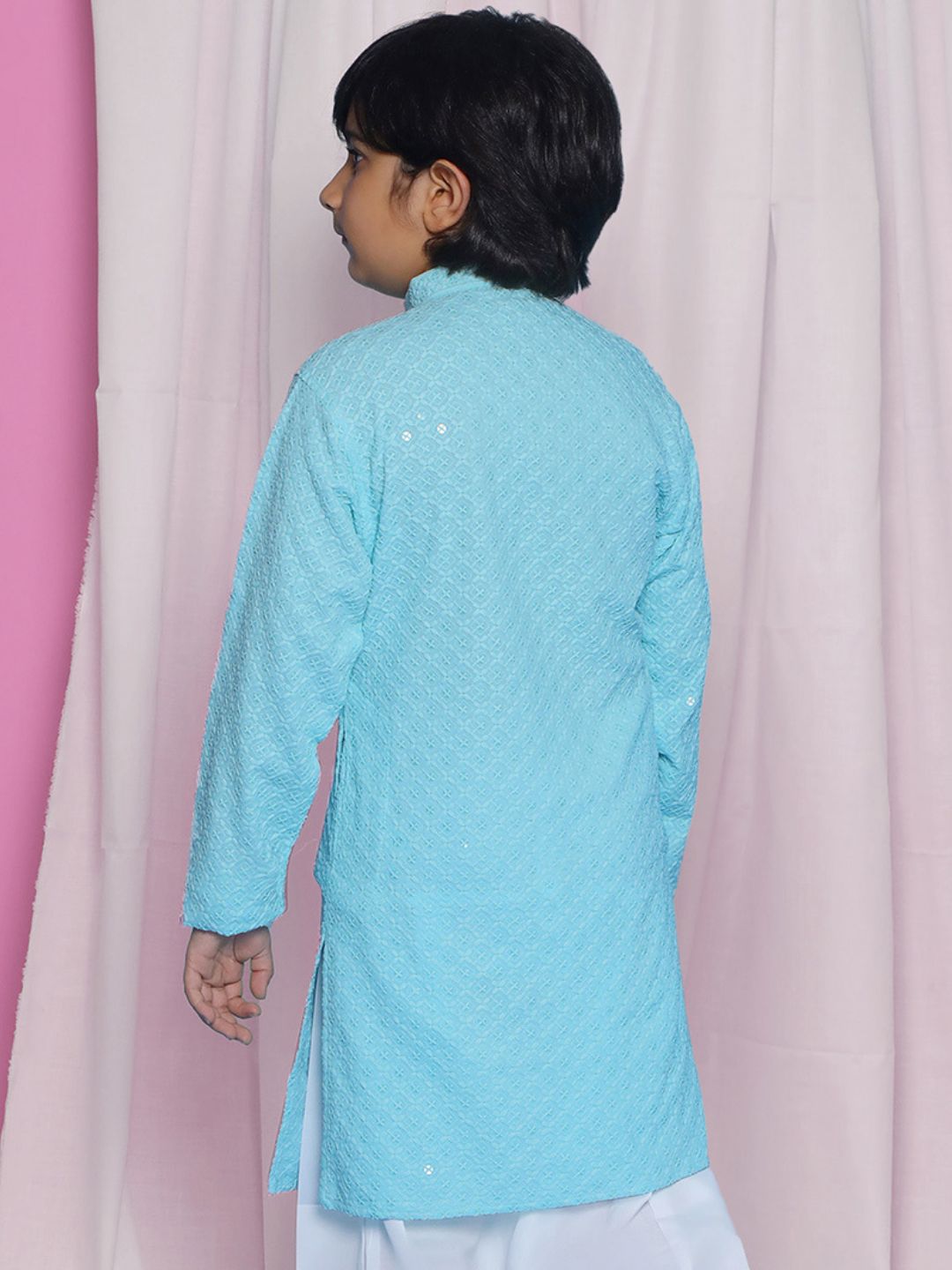 SKY BLUE Schiffli Full sleeves Embroidered Kurta for Boys - AJ Dezines