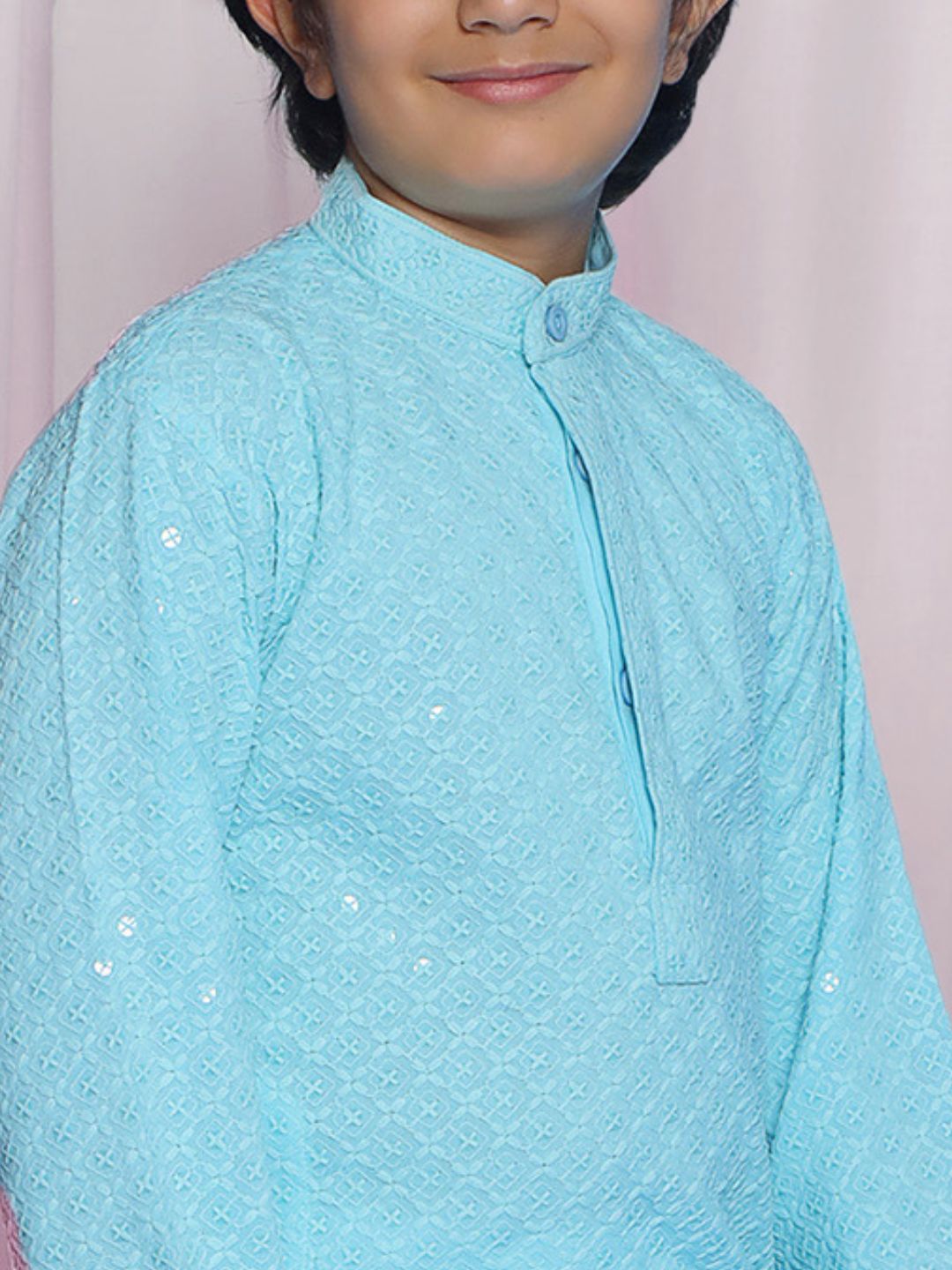 SKY BLUE Schiffli Full sleeves Embroidered Kurta for Boys - AJ Dezines