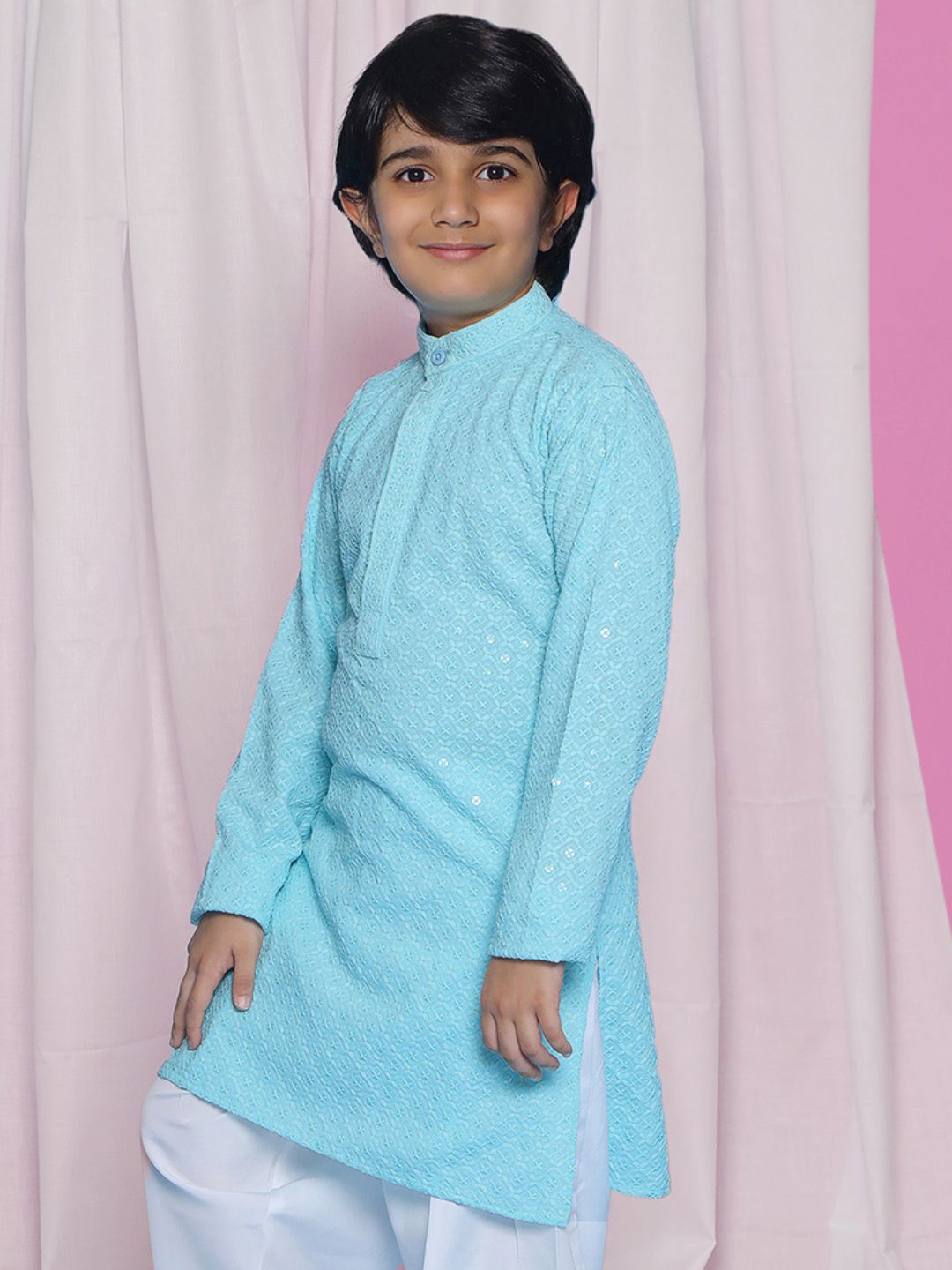 SKY BLUE Schiffli Full sleeves Embroidered Kurta for Boys - AJ Dezines