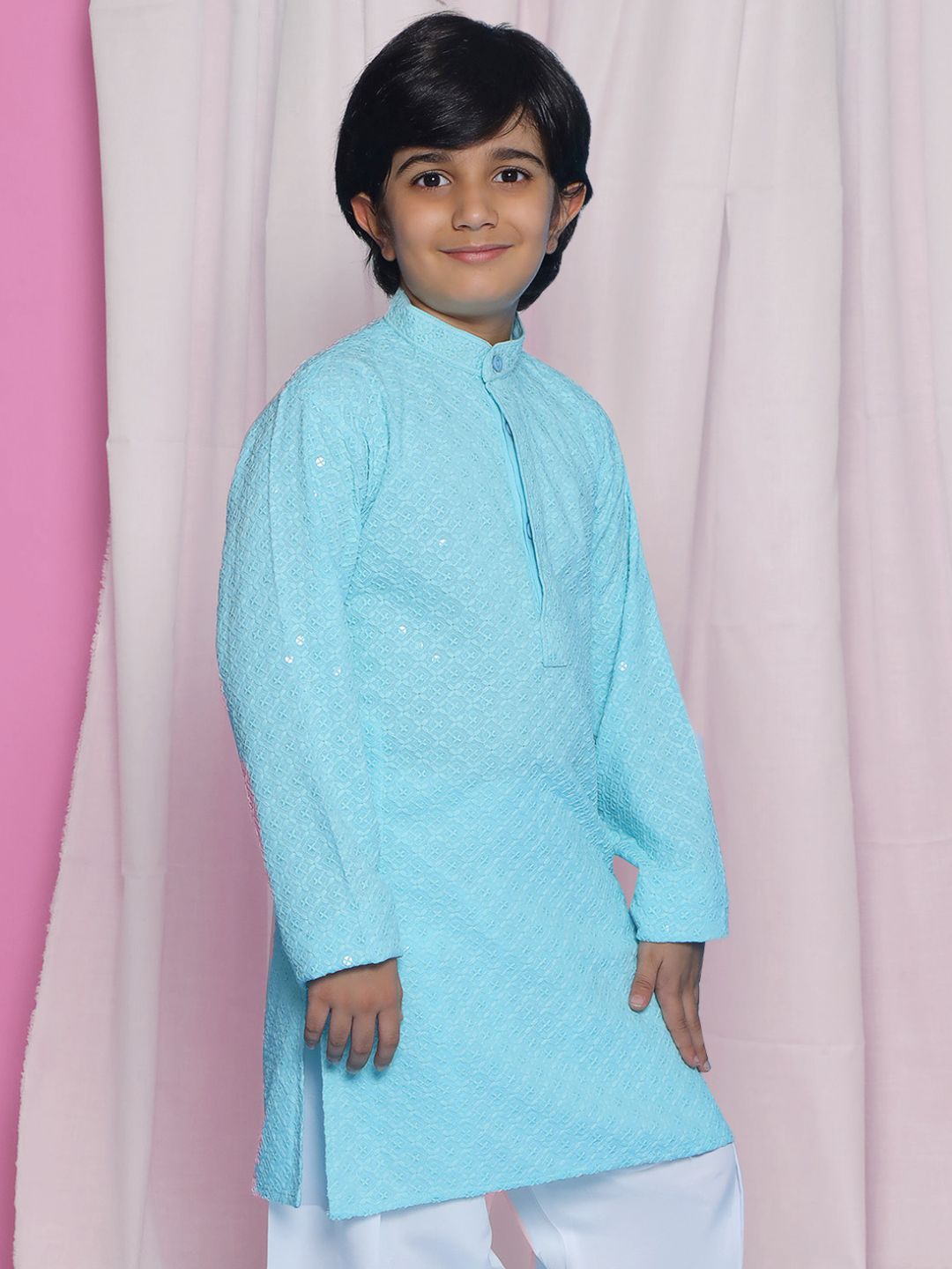 SKY BLUE Schiffli Full sleeves Embroidered Kurta for Boys - AJ Dezines