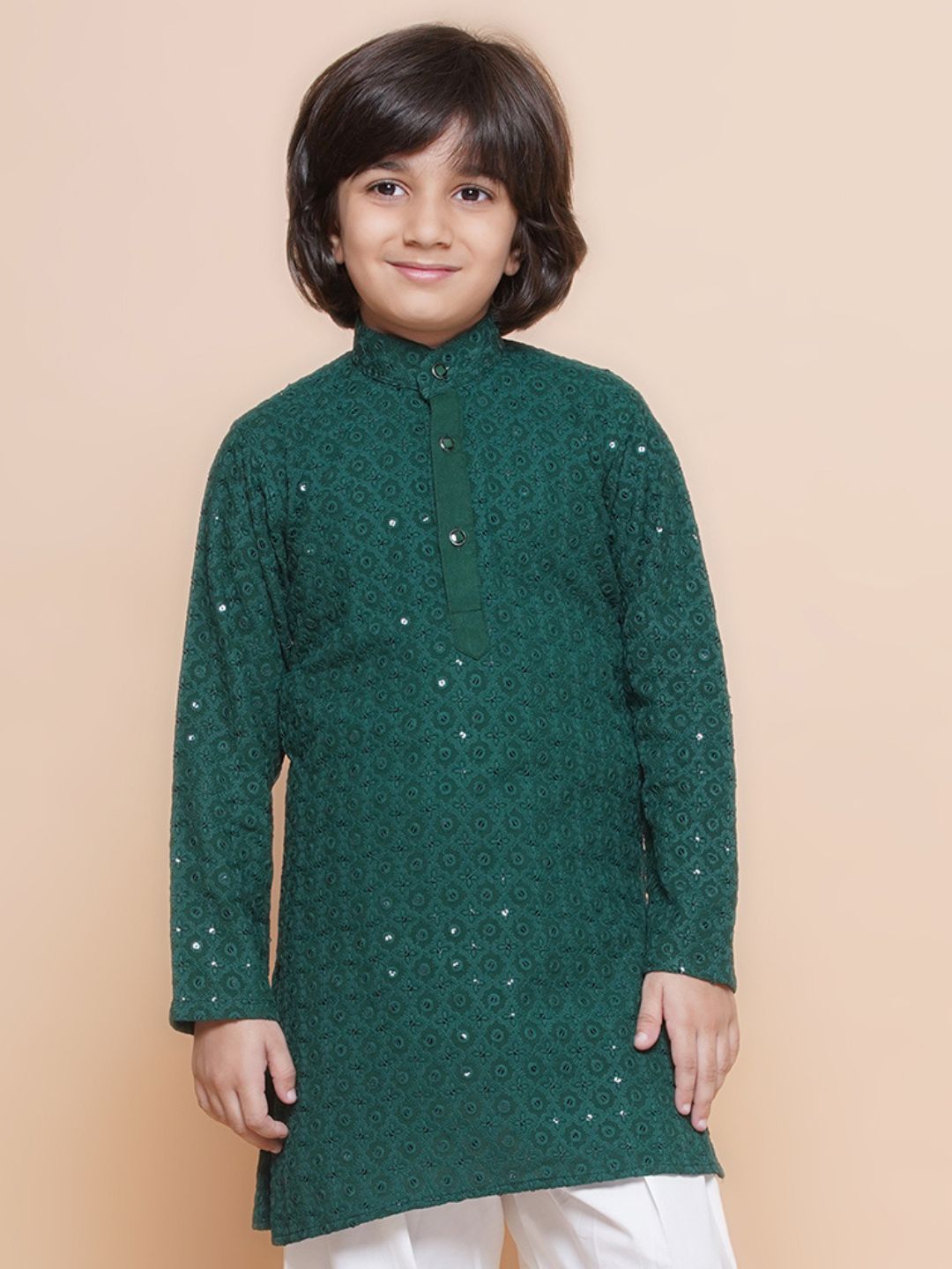 Teal Schiffli Full sleeves Embroidered Kurta for Boys