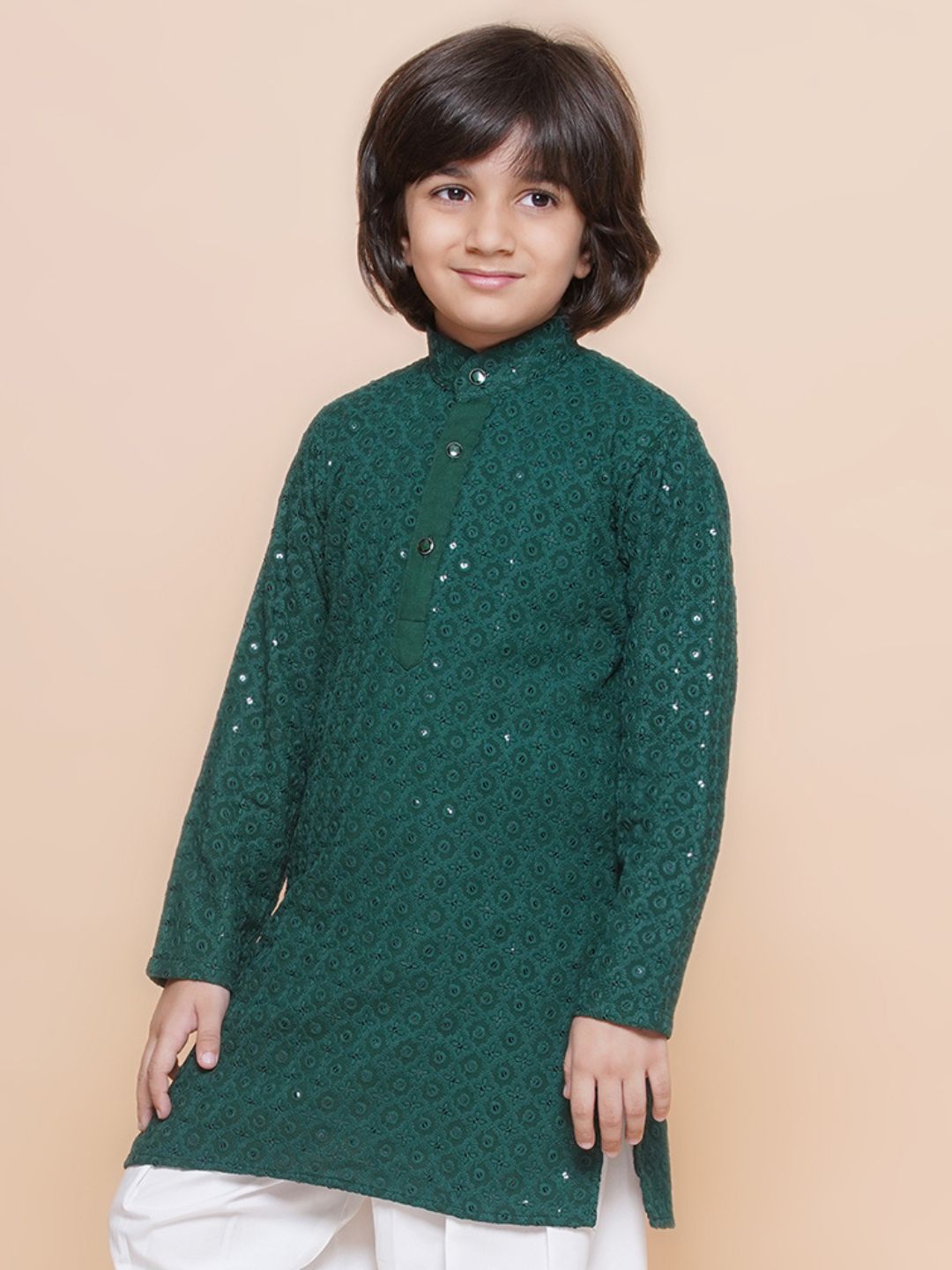 Teal Schiffli Full sleeves Embroidered Kurta for Boys
