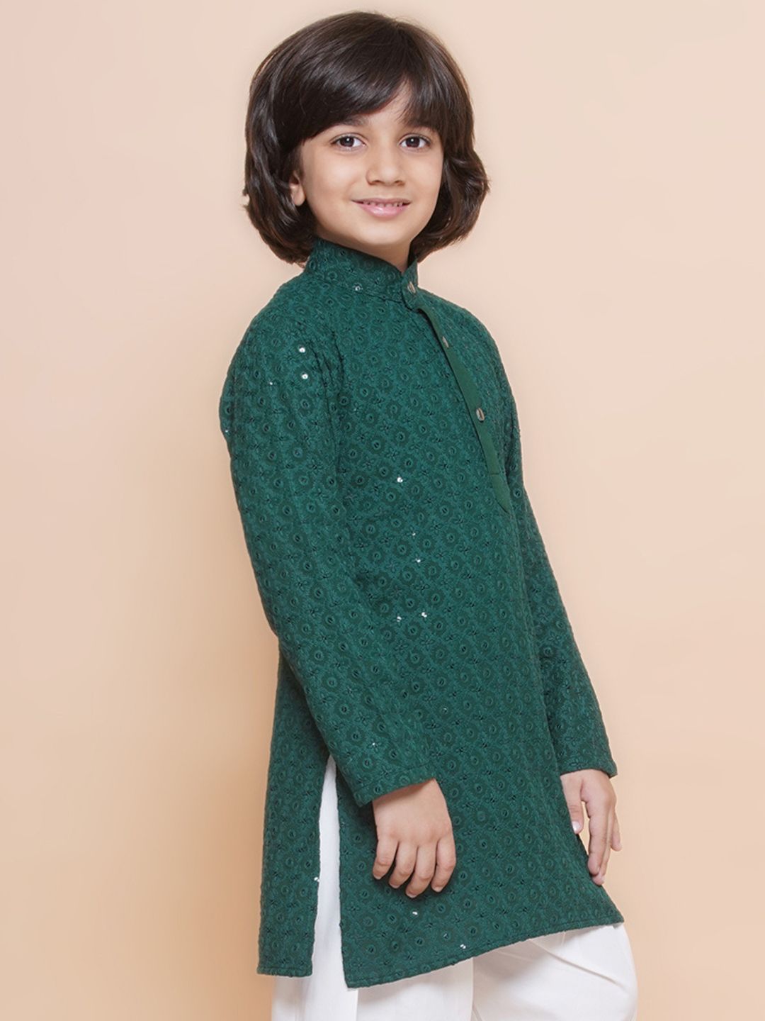 Teal Schiffli Full sleeves Embroidered Kurta for Boys