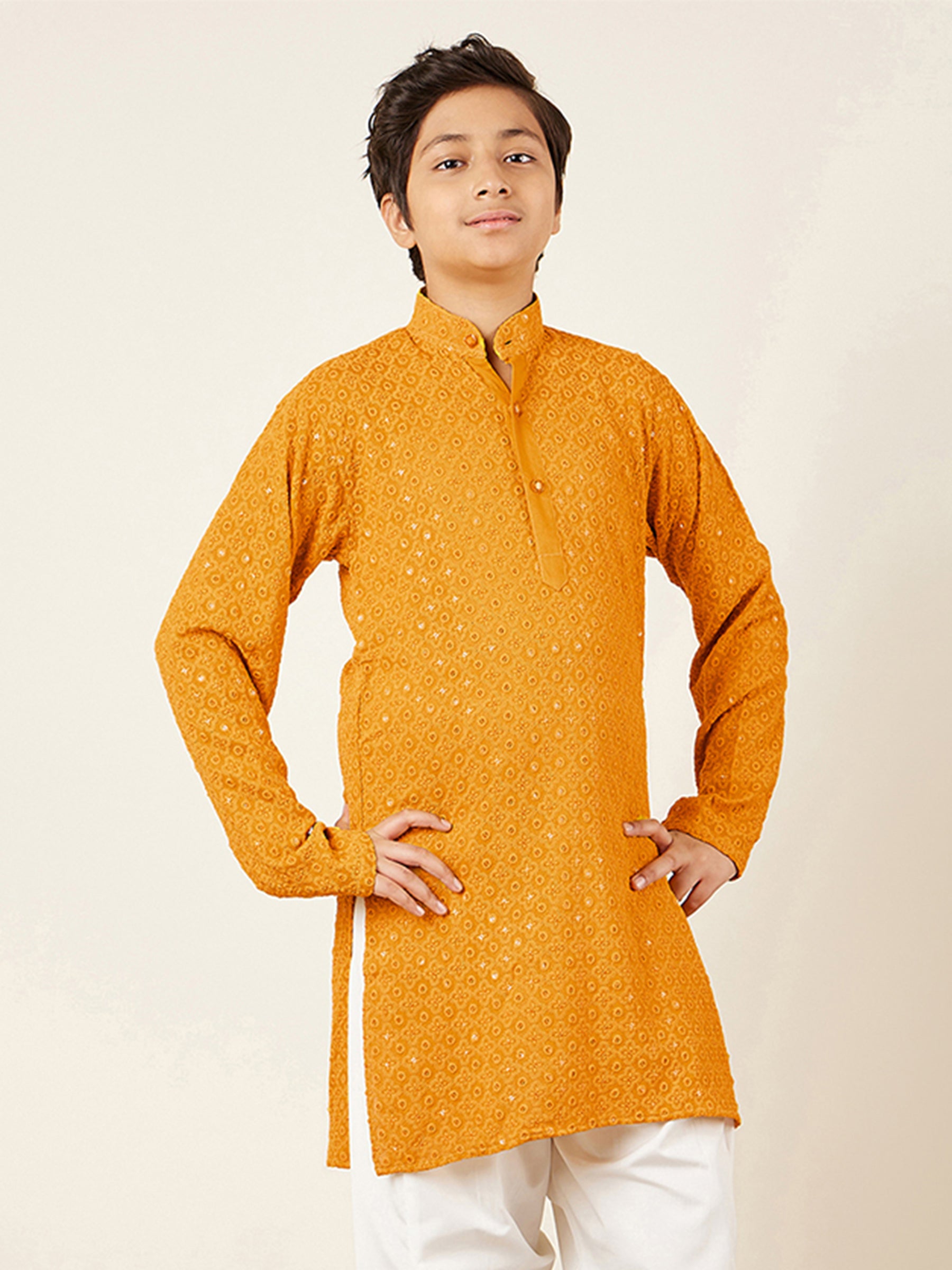 Kids Cotton Full Sleeve Sequined Kurta for Boys - Ethnic wear