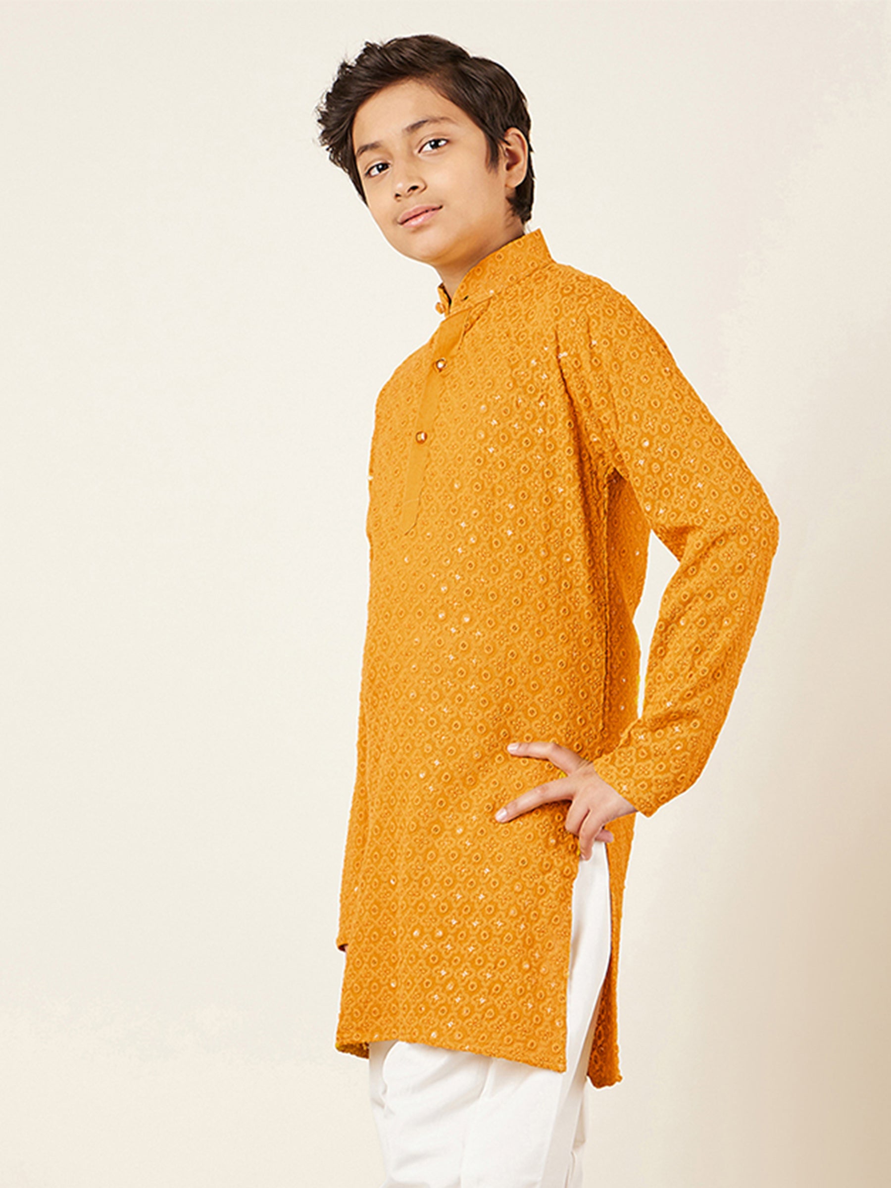 Kids Cotton Full Sleeve Sequined Kurta for Boys - Ethnic wear