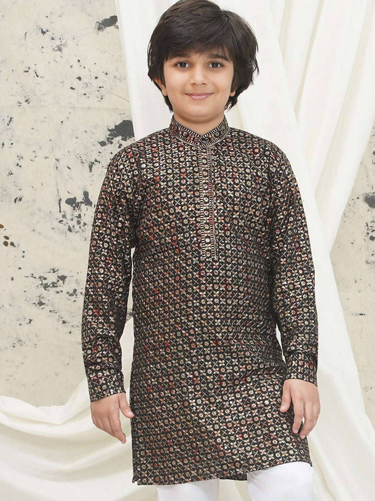 Gold Full sleeves Sequenced Cotton Blend Kurta For Boys - AJ Dezines