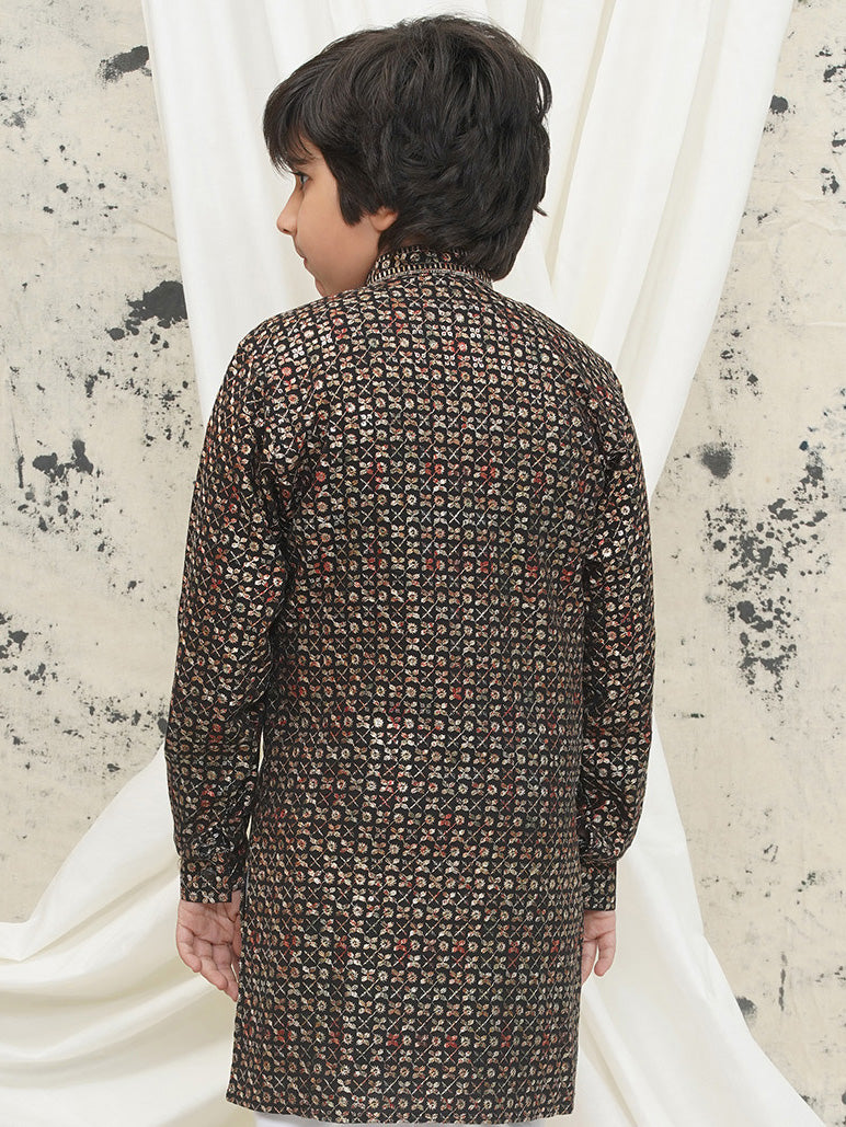 Gold Full sleeves Sequenced Cotton Blend Kurta For Boys - AJ Dezines