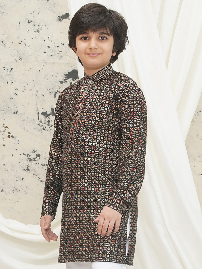 Gold Full sleeves Sequenced Cotton Blend Kurta For Boys - AJ Dezines