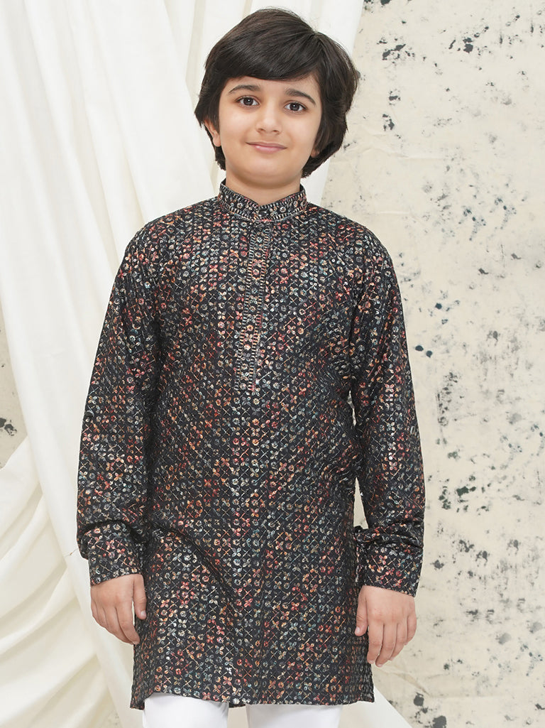 Green Full sleeves Sequenced Cotton Blend Kurta For Boys - AJ Dezines