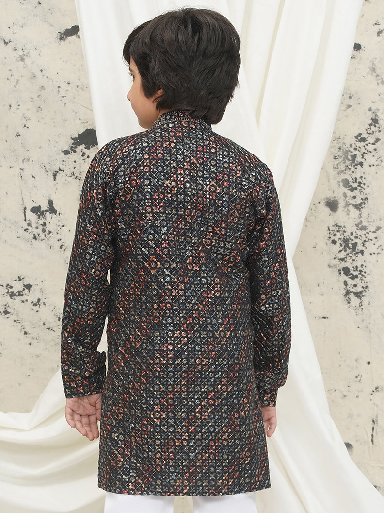 Green Full sleeves Sequenced Cotton Blend Kurta For Boys - AJ Dezines