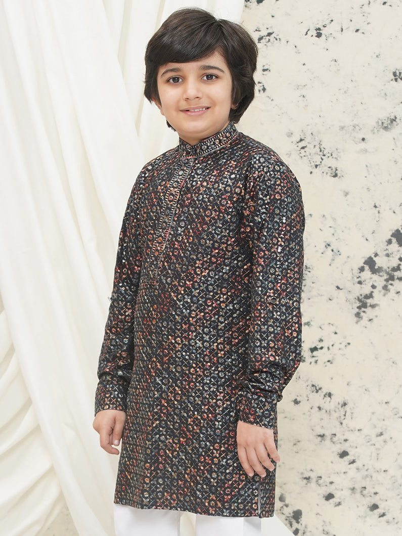 Green Full sleeves Sequenced Cotton Blend Kurta For Boys - AJ Dezines