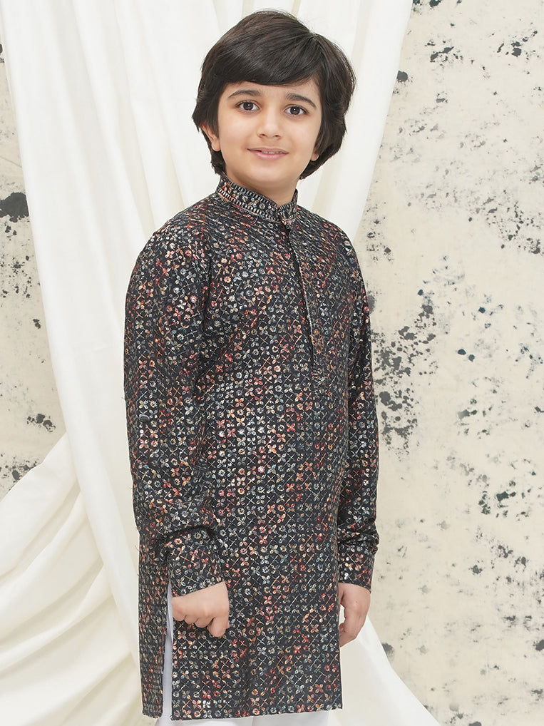 Green Full sleeves Sequenced Cotton Blend Kurta For Boys - AJ Dezines
