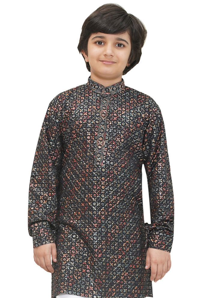 Green Full sleeves Sequenced Cotton Blend Kurta For Boys - AJ Dezines