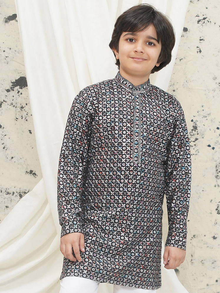 Grey Full sleeves Sequenced Cotton Blend Kurta For Boys - AJ Dezines