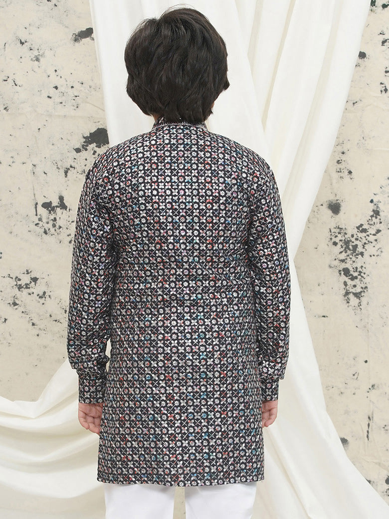 Grey Full sleeves Sequenced Cotton Blend Kurta For Boys - AJ Dezines