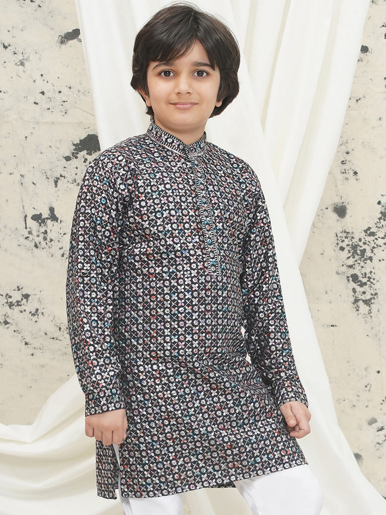 Grey Full sleeves Sequenced Cotton Blend Kurta For Boys - AJ Dezines