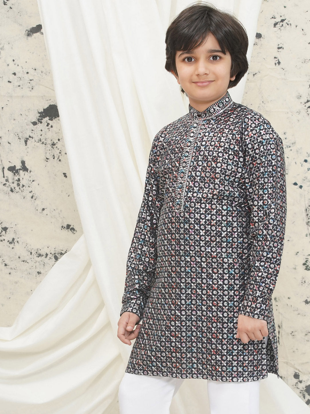 Grey Full sleeves Sequenced Cotton Blend Kurta For Boys - AJ Dezines