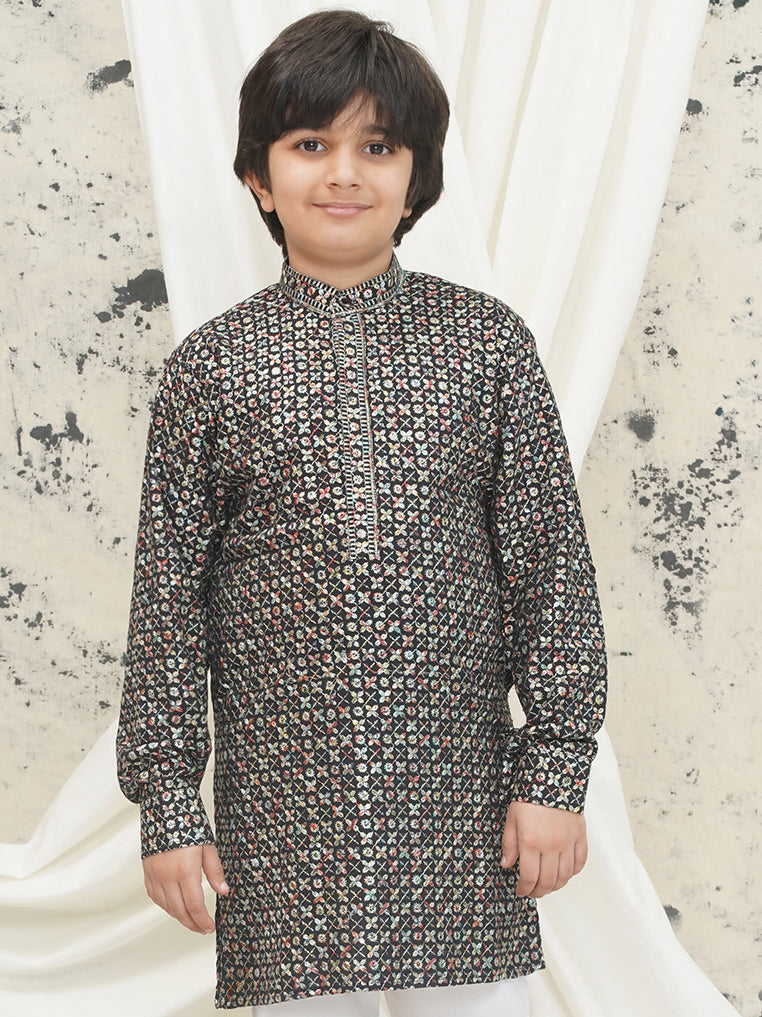 Multi Full sleeves Sequenced Cotton Blend Kurta For Boys - AJ Dezines
