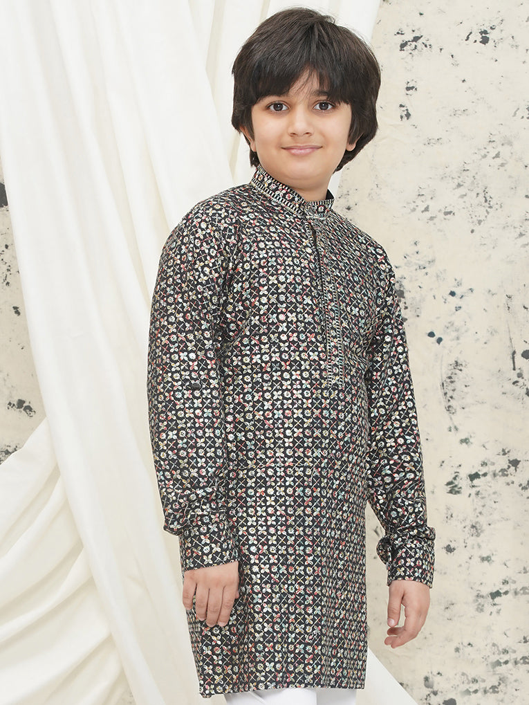 Multi Full sleeves Sequenced Cotton Blend Kurta For Boys - AJ Dezines