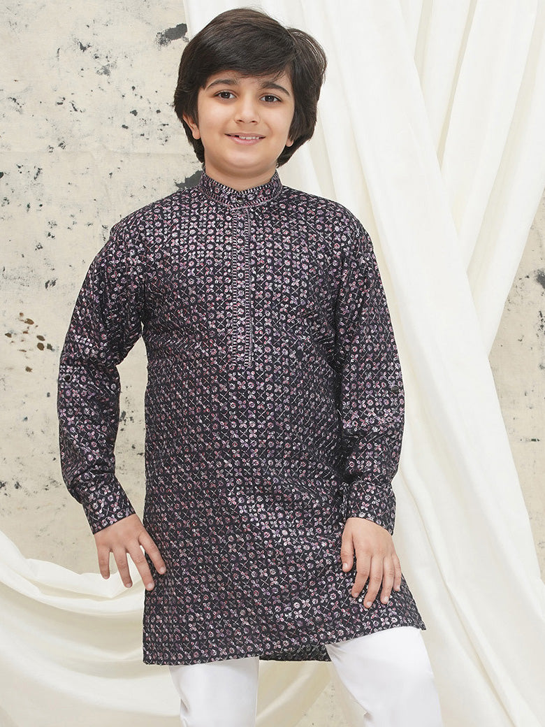 Purple Full sleeves Sequenced Cotton Blend Kurta For Boys - AJ Dezines