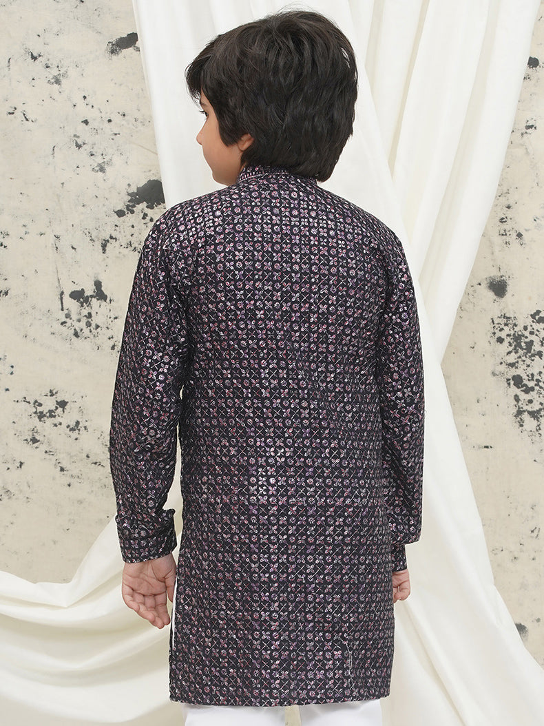 Purple Full sleeves Sequenced Cotton Blend Kurta For Boys - AJ Dezines