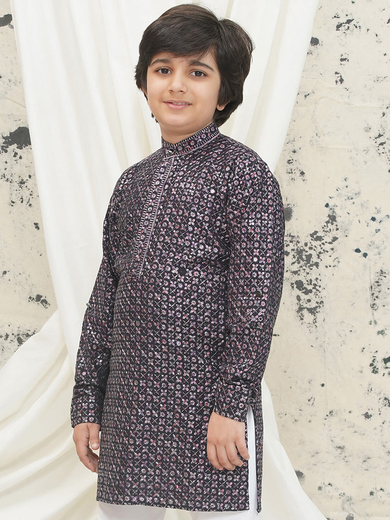 Purple Full sleeves Sequenced Cotton Blend Kurta For Boys - AJ Dezines
