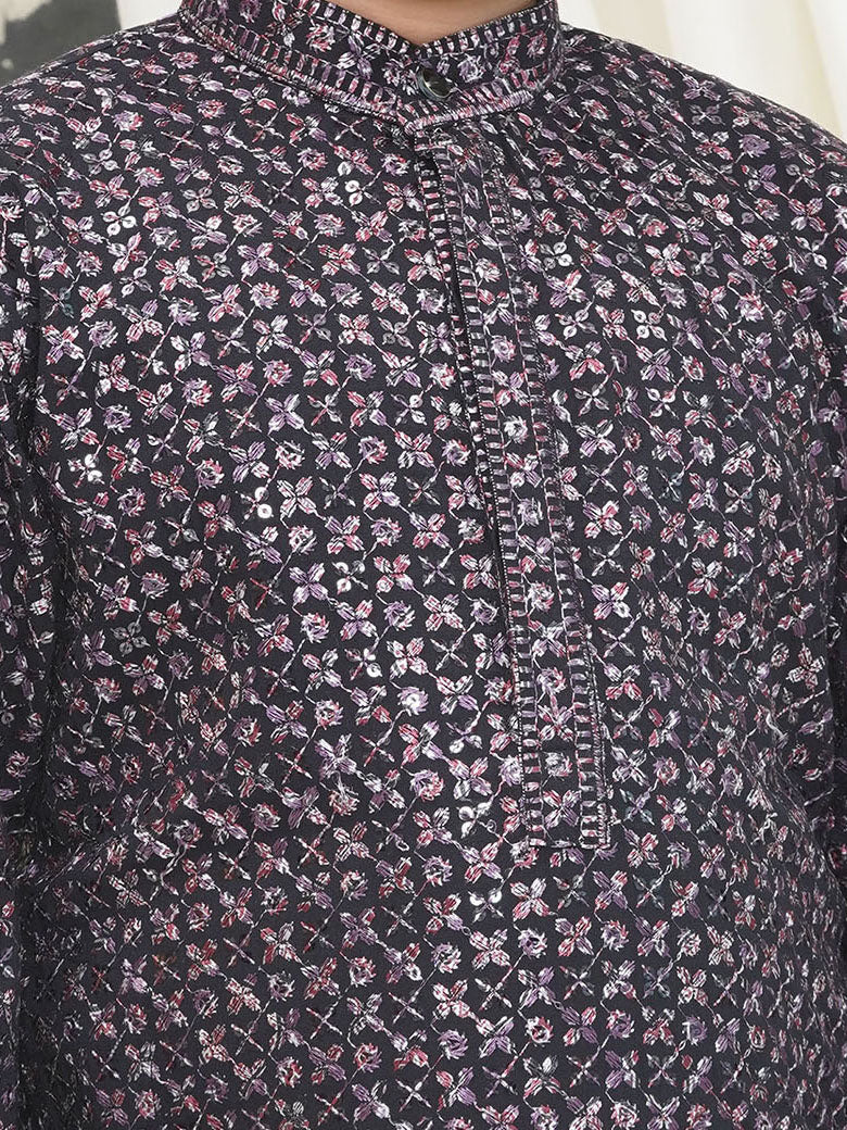 Purple Full sleeves Sequenced Cotton Blend Kurta For Boys - AJ Dezines