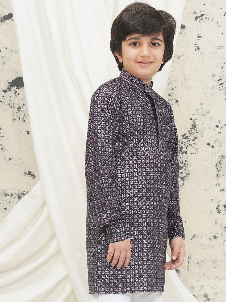 Purple Full sleeves Sequenced Cotton Blend Kurta For Boys - AJ Dezines