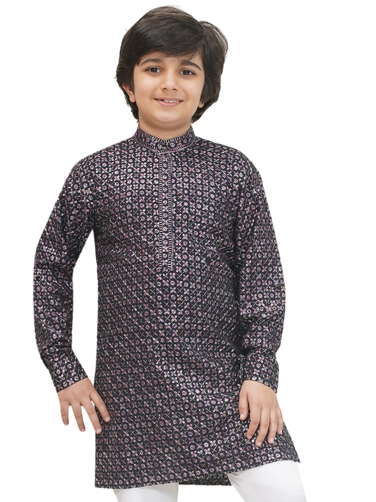 Purple Full sleeves Sequenced Cotton Blend Kurta For Boys - AJ Dezines