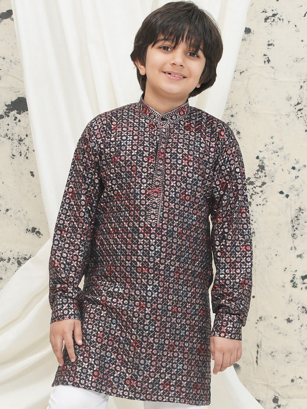 Red Full sleeves Sequenced Cotton Blend Kurta For Boys - AJ Dezines
