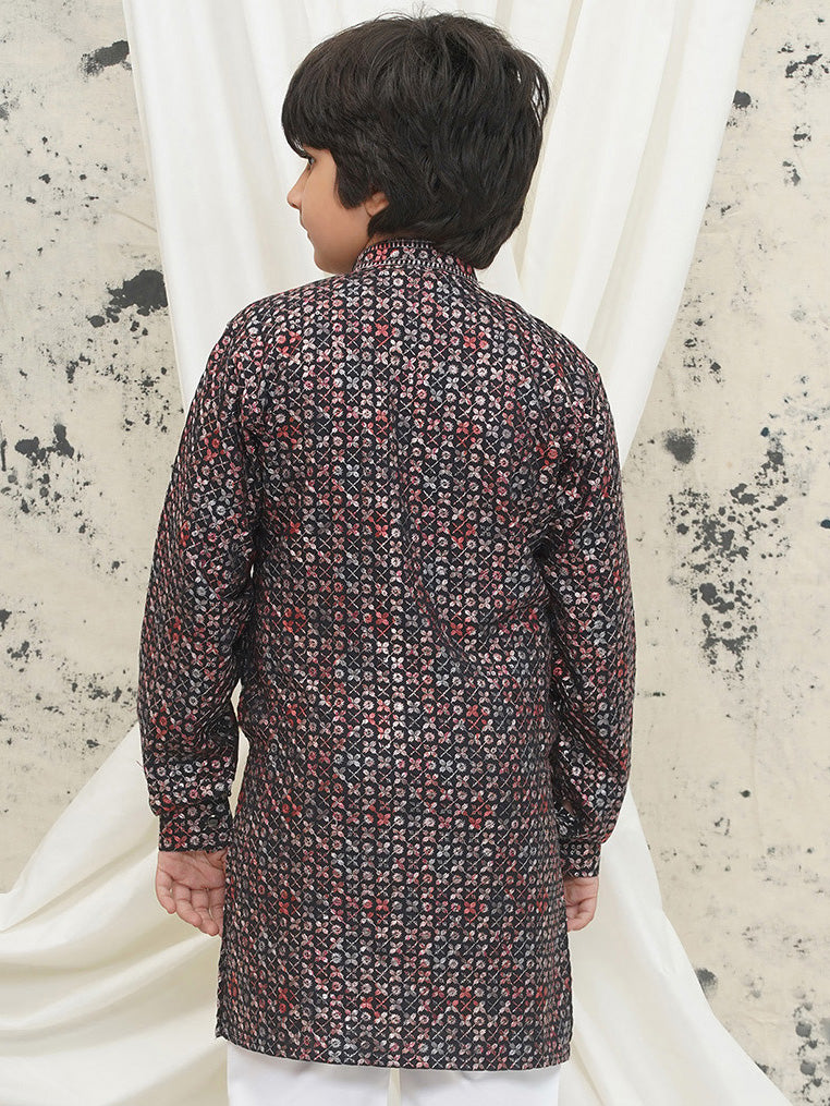 Red Full sleeves Sequenced Cotton Blend Kurta For Boys - AJ Dezines