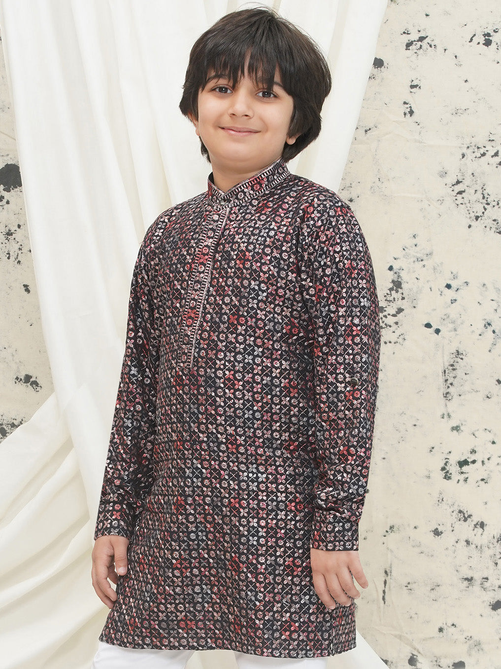 Red Full sleeves Sequenced Cotton Blend Kurta For Boys - AJ Dezines