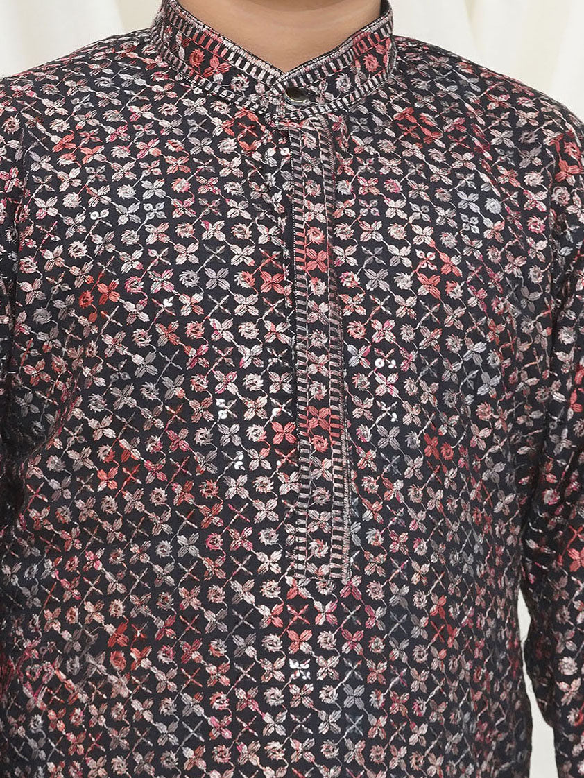 Red Full sleeves Sequenced Cotton Blend Kurta For Boys - AJ Dezines
