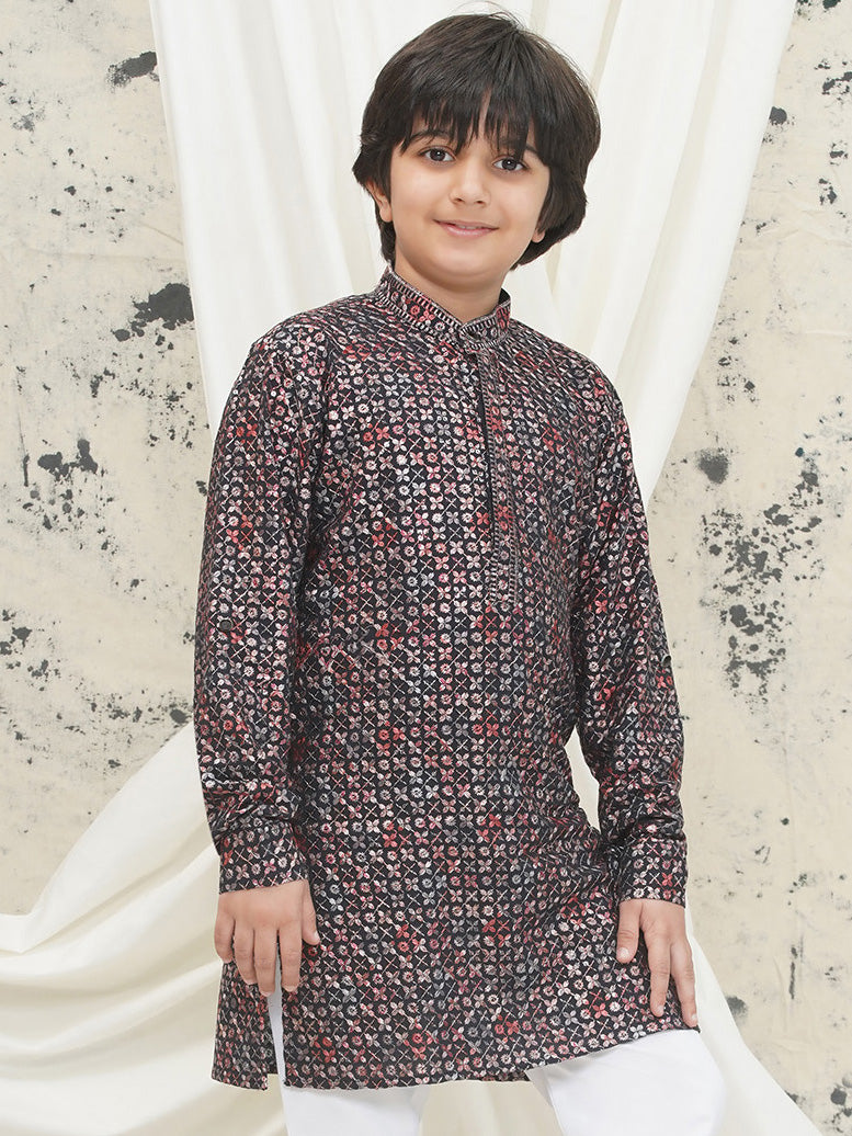 Red Full sleeves Sequenced Cotton Blend Kurta For Boys - AJ Dezines