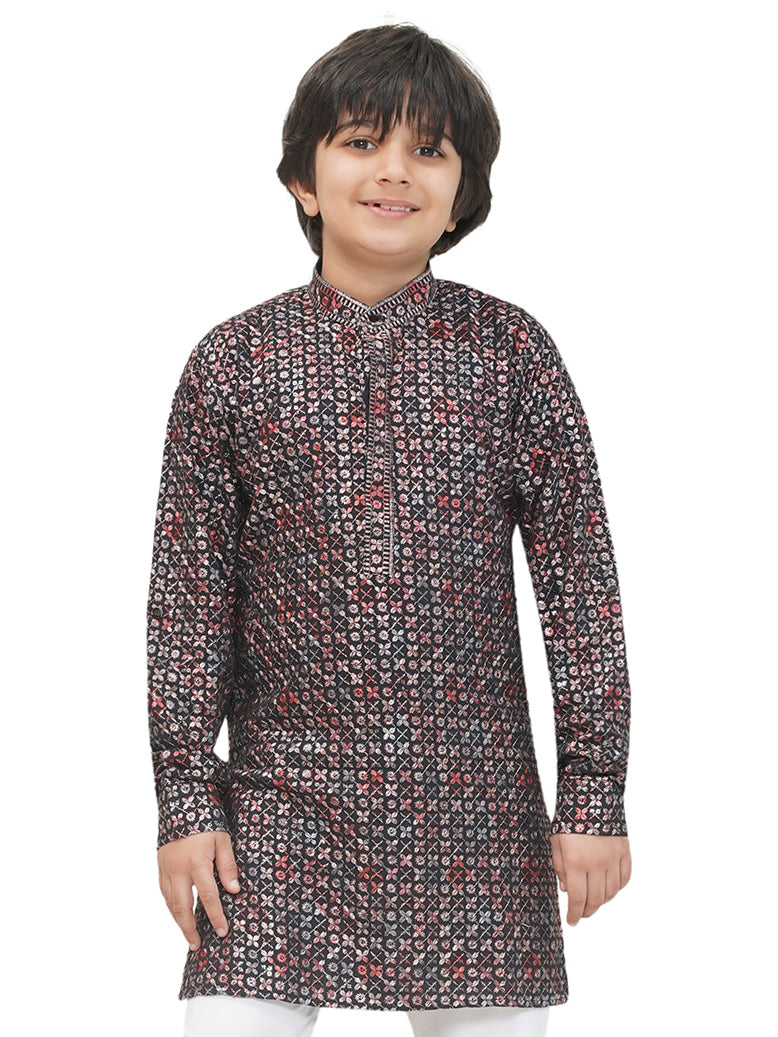 Red Full sleeves Sequenced Cotton Blend Kurta For Boys - AJ Dezines