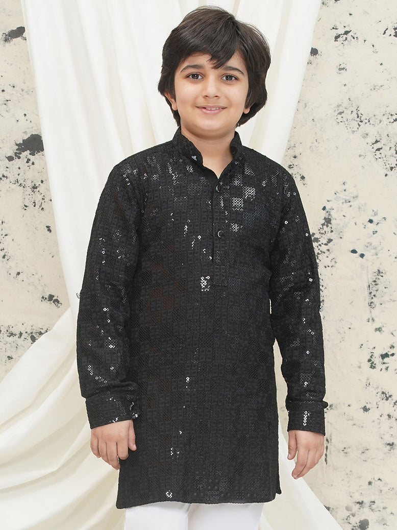 Black Full sleeves Sequenced Chikankari Kurta For Boys - AJ Dezines