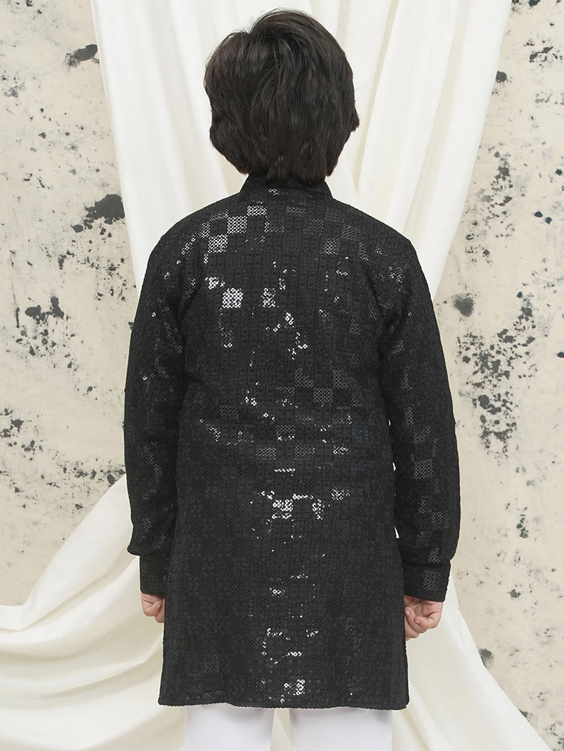 Black Full sleeves Sequenced Chikankari Kurta For Boys - AJ Dezines