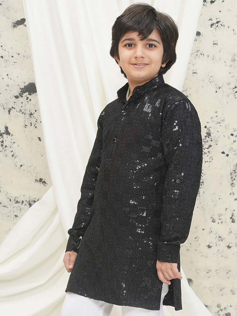 Black Full sleeves Sequenced Chikankari Kurta For Boys - AJ Dezines