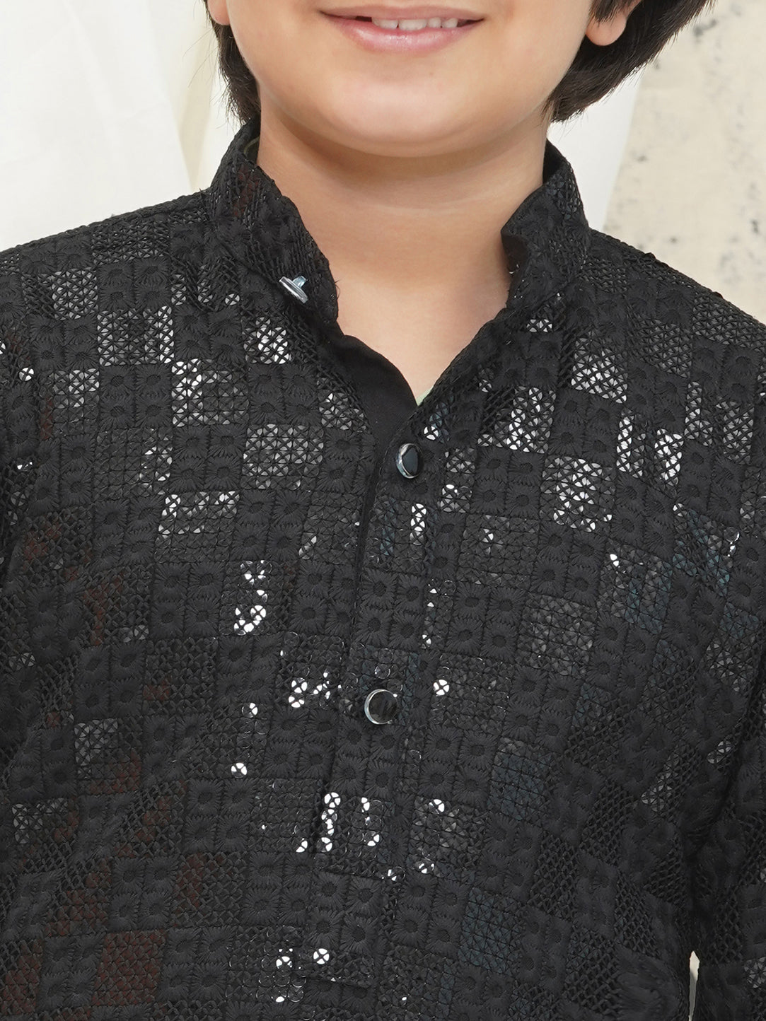 Black Full sleeves Sequenced Chikankari Kurta For Boys - AJ Dezines