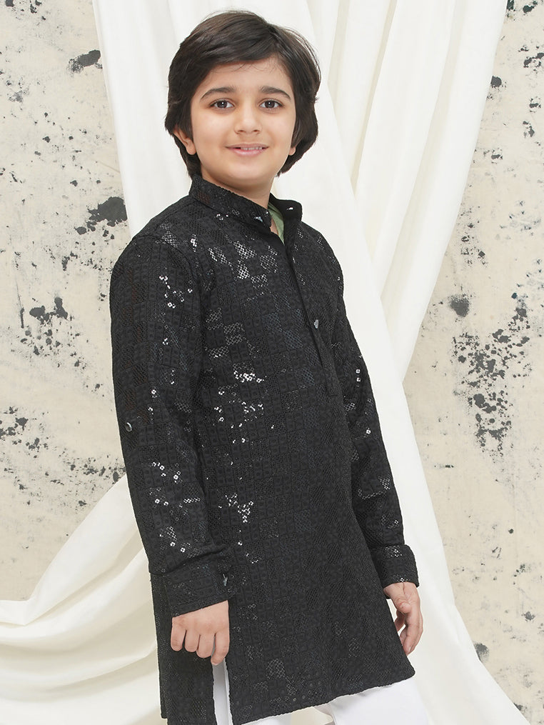 Black Full sleeves Sequenced Chikankari Kurta For Boys - AJ Dezines