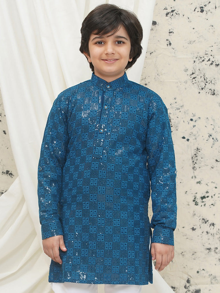 Blue Full sleeves Sequenced Chikankari Kurta For Boys - AJ Dezines