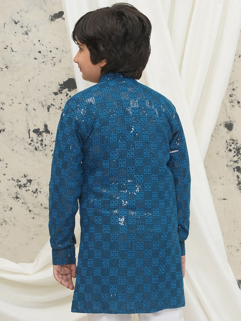 Blue Full sleeves Sequenced Chikankari Kurta For Boys - AJ Dezines