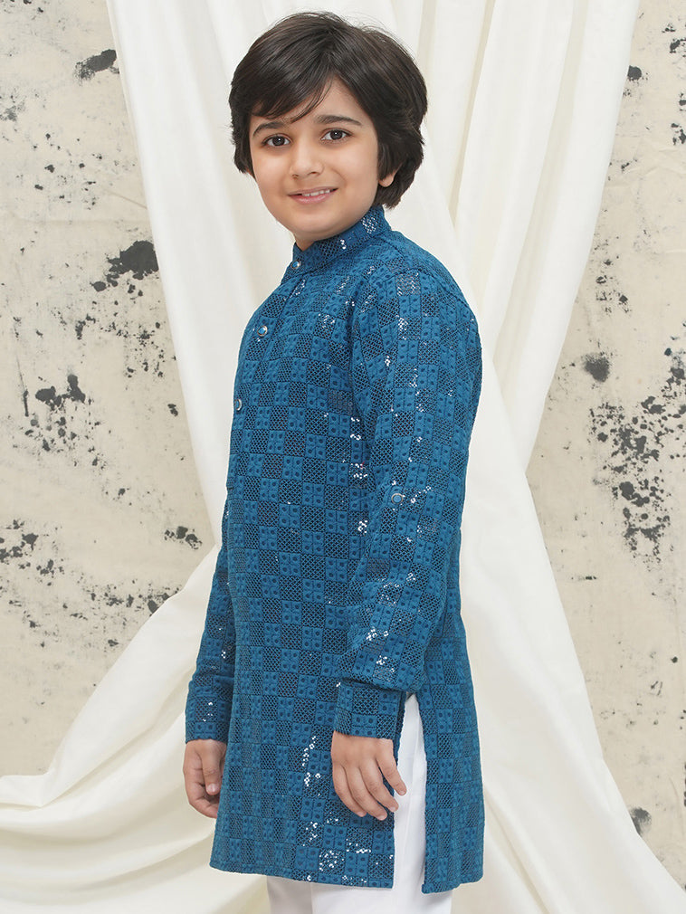 Blue Full sleeves Sequenced Chikankari Kurta For Boys - AJ Dezines