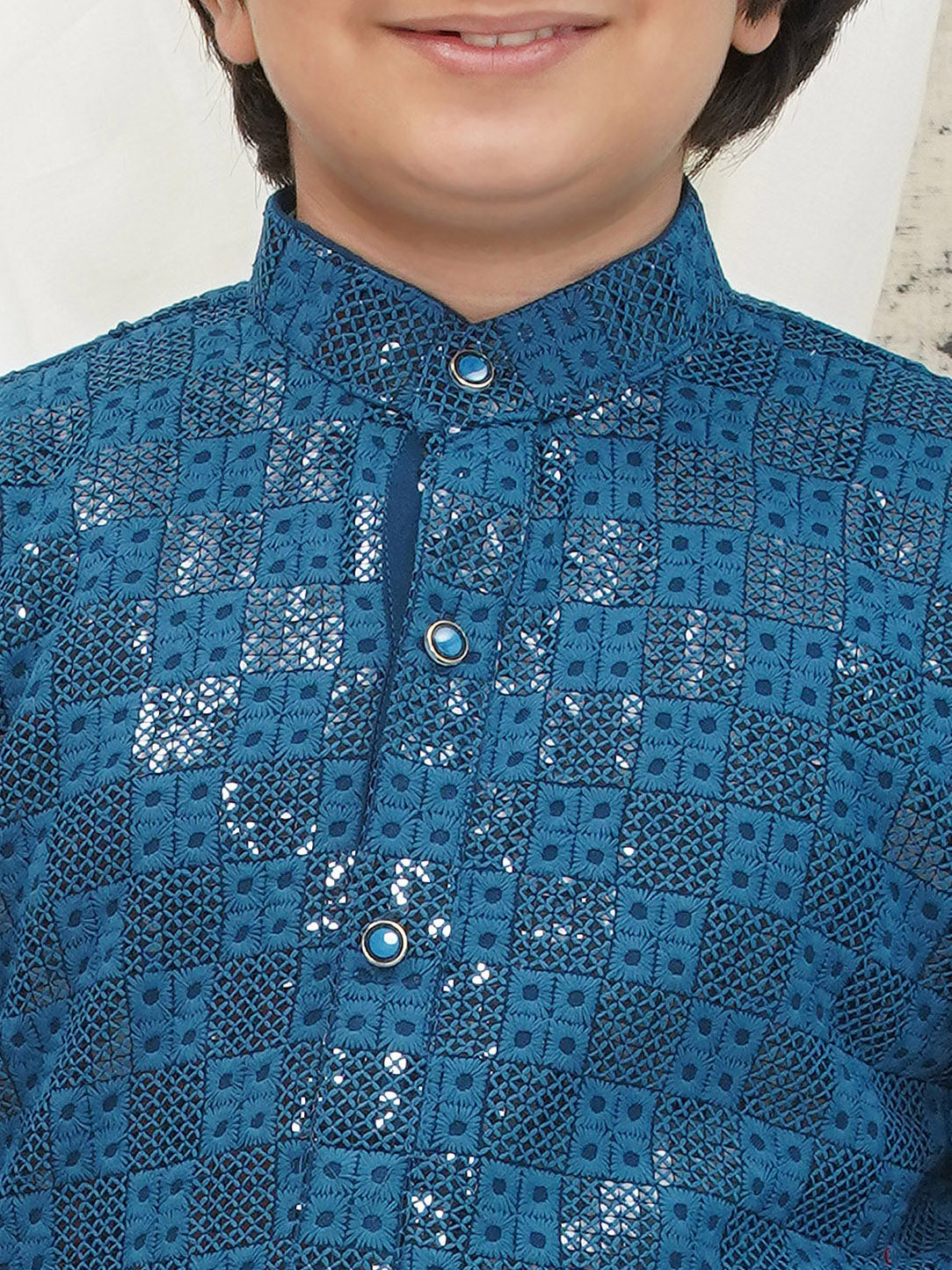 Blue Full sleeves Sequenced Chikankari Kurta For Boys - AJ Dezines