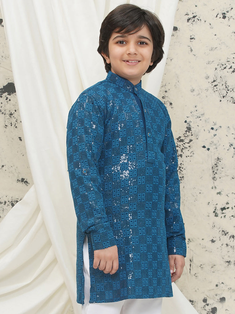 Blue Full sleeves Sequenced Chikankari Kurta For Boys - AJ Dezines