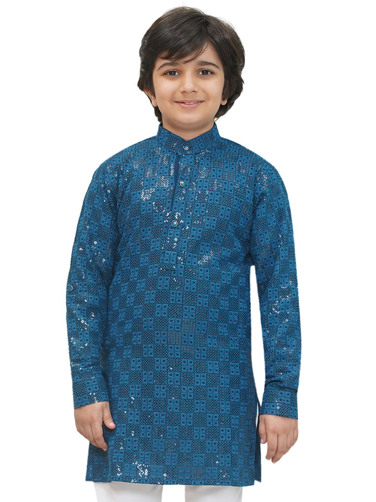 Blue Full sleeves Sequenced Chikankari Kurta For Boys - AJ Dezines