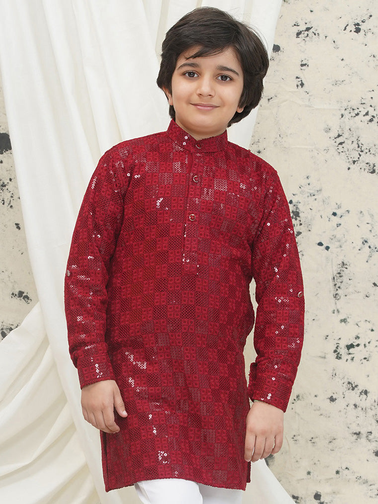 Maroon Full sleeves Sequenced Chikankari Kurta For Boys - AJ Dezines